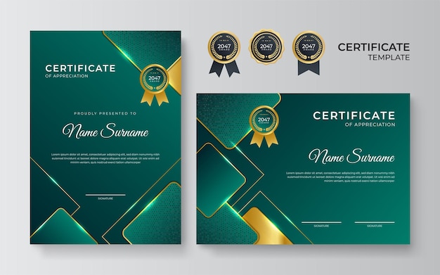 Plantilla de diseño de certificado verde dorado elegante premium