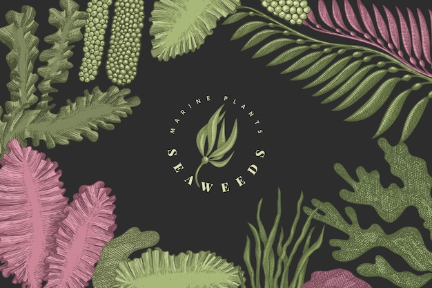Plantilla de diseño de color de algas. Ilustraciones de algas dibujadas a mano sobre fondo oscuro. Bandera de comida de mar de estilo grabado. Fondo de plantas marinas retro