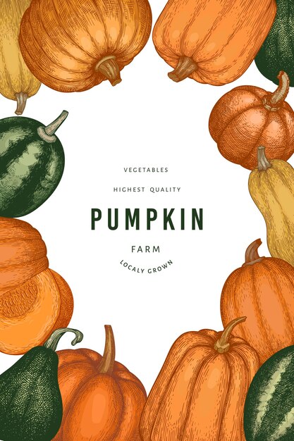Plantilla de diseño de color calabaza. Vector ilustraciones dibujadas a mano. Telón de fondo de acción de gracias en estilo retro con cosecha de calabaza. Fondo de otoño.