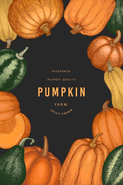 Plantilla de diseño de color calabaza. Vector ilustraciones dibujadas a mano. Telón de fondo de acción de gracias en estilo retro con cosecha de calabaza. Fondo de otoño.