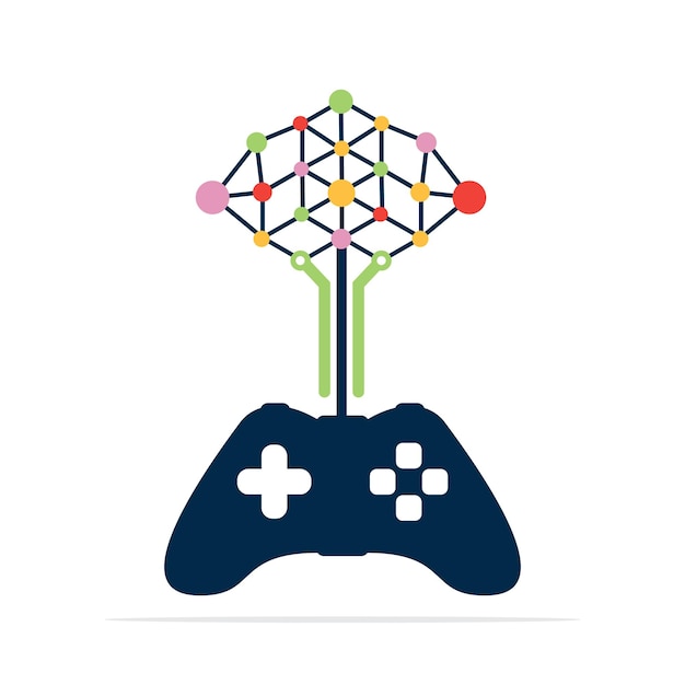 La plantilla de diseño conceptual del logotipo del árbol de redes de juegos Joystick con diseño vectorial de íconos de árboles técnicos