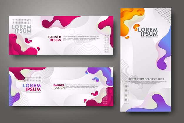 Plantilla de diseño de conjunto de banderas en colores de gradiente vibrantes de moda con formas fluidas abstractas