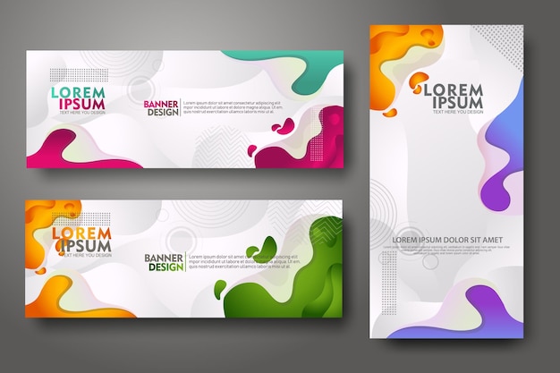 Plantilla de diseño de conjunto de banderas en colores de gradiente vibrantes de moda con formas fluidas abstractas