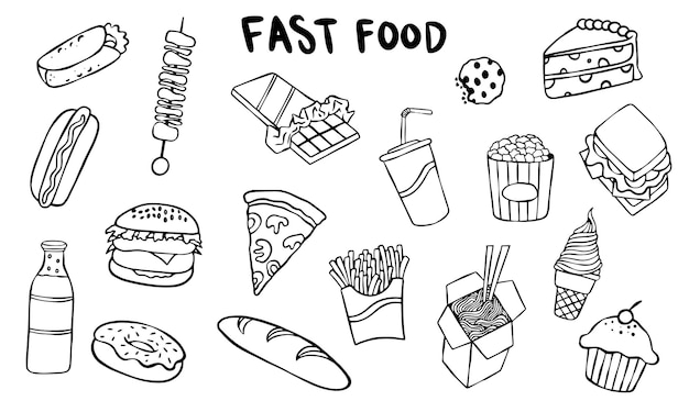 Plantilla de diseño de conjunto de vectores de comida rápida dibujada a mano