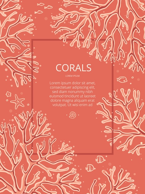 Plantilla de diseño con corales dibujados a mano sobre un fondo de coral con lugar para el texto. Los corales en esta ilustración están aislados.
