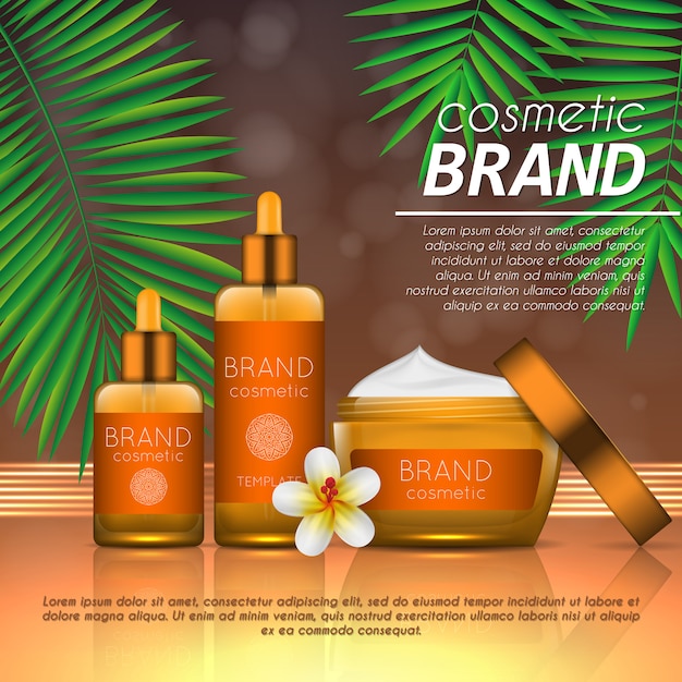 Vector plantilla de diseño cosmético de verano en el fondo con hojas de palmera exóticas.