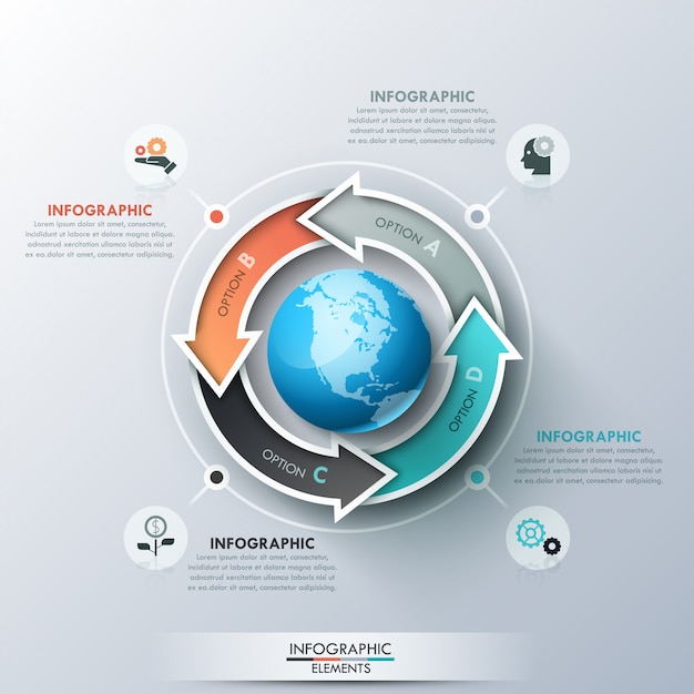 Plantilla de diseño creativo de infografía con 4 flechas multicolores colocadas alrededor del globo, pictogramas y cuadros de texto