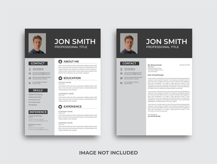 Plantilla de diseño de curriculum vitae y carta de presentación con foto adjunta