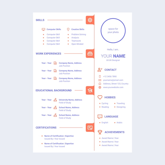 Plantilla de diseño de cv cv con iconos de línea incluidos