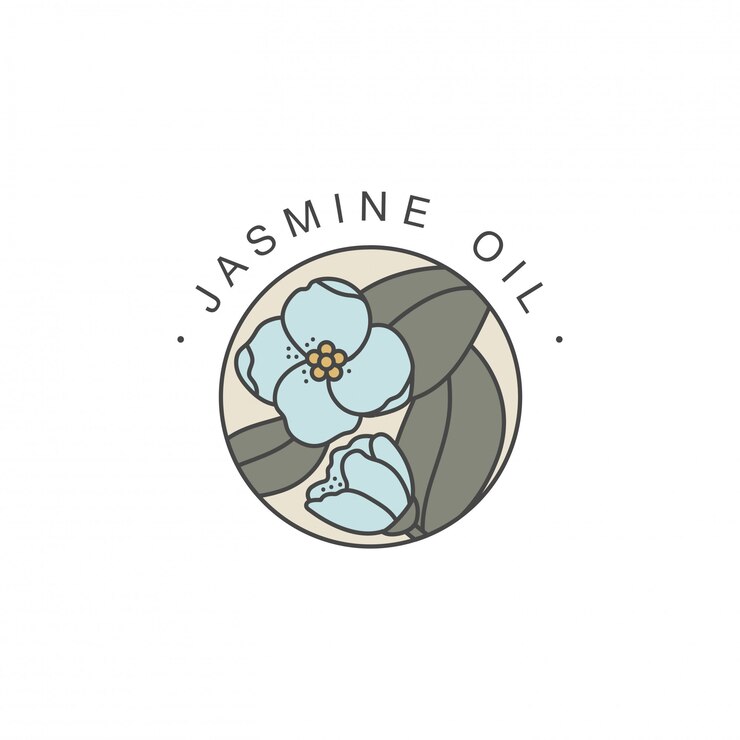 Plantilla de diseño y emblema - aceite saludable y cosmético. Jazmín natural, aceite orgánico. Logotipo colorido en estilo moderno.