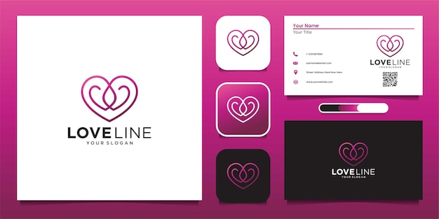 Plantilla de diseño de estilo de arte de logotipo de línea de amor y tarjeta de visita Vector Premium