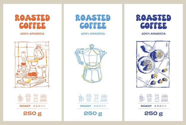 Vector plantilla de diseño de etiqueta de embalaje de café dibujada a mano vectorial para cafetería o restaurante