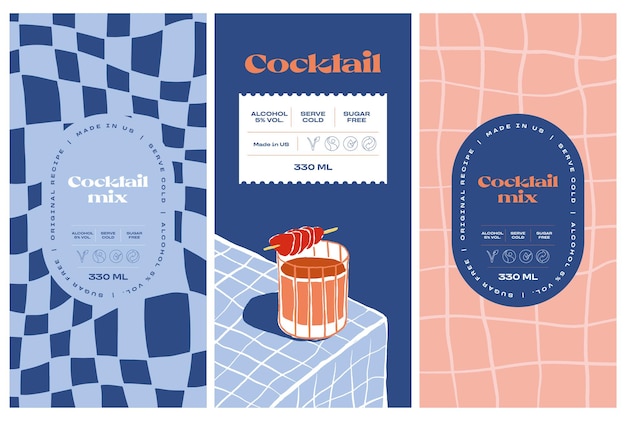 Plantilla de diseño de etiqueta de embalaje de cóctel dibujada a mano vectorial para cafetería o restaurante