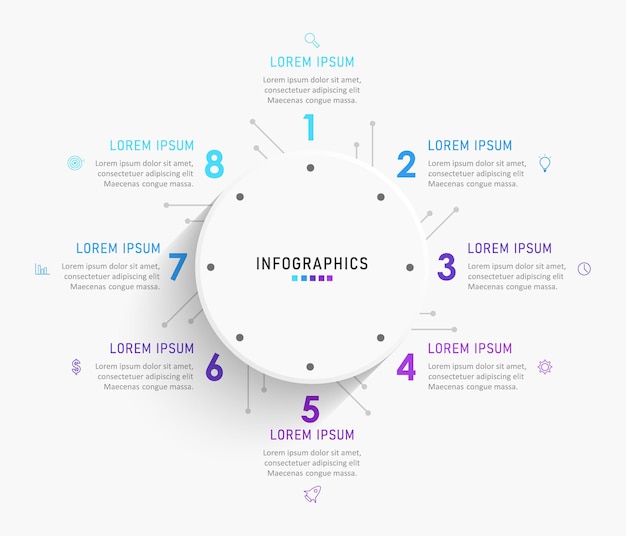 Plantilla de diseño de etiqueta infográfica con iconos y 8 opciones o pasos