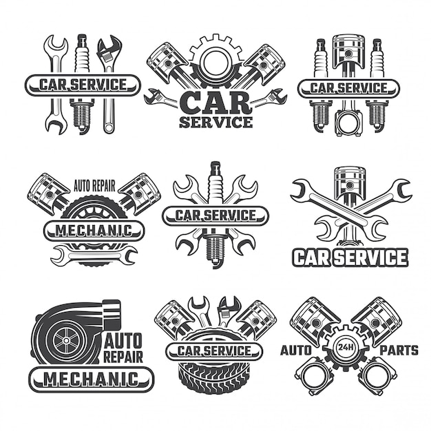 Vector plantilla de diseño de etiquetas e insignias con herramientas y detalles del automóvil.