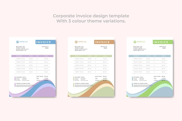 Vector plantilla de diseño de factura corporativa con 3 variaciones de temas de colores