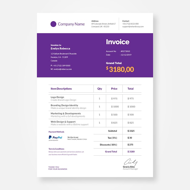 Vector plantilla de diseño de factura morada