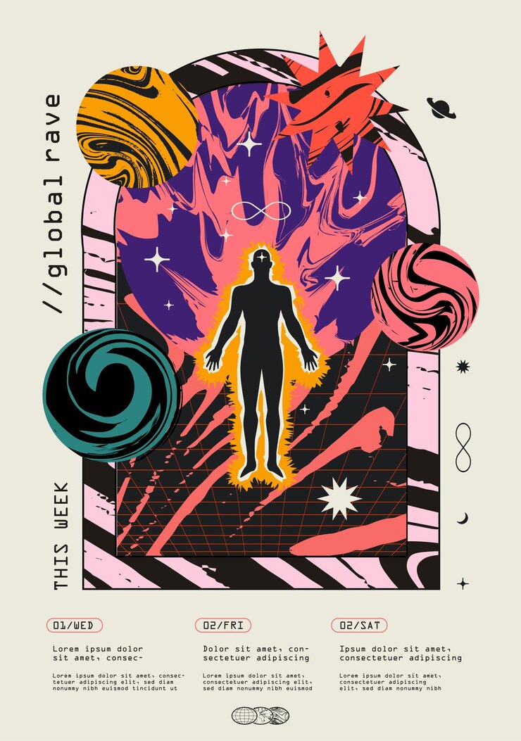 Plantilla de diseño de fiesta de música rave colorida abstracta con silueta humana