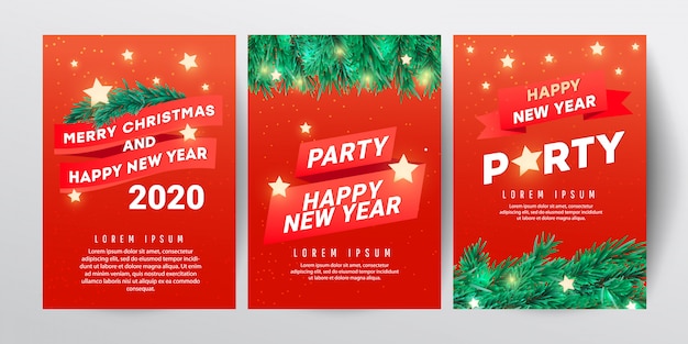 Plantilla de diseño de fiesta de Navidad con rama de abeto, estrellas y regalos rojos sobre fondo rojo
