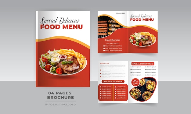 Plantilla de diseño de folleto de 4 páginas plegable de menú de comida deliciosa adecuada para negocios de restaurantes