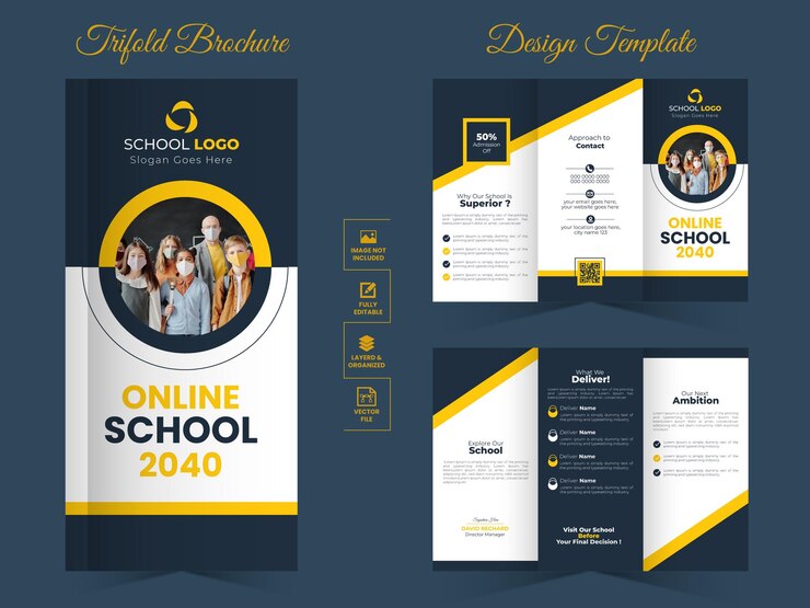 plantilla de diseño de folleto triples de admisión escolar y en línea