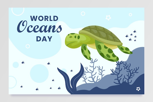 Plantilla de diseño de fondo del día mundial del océano con tortuga en el mar