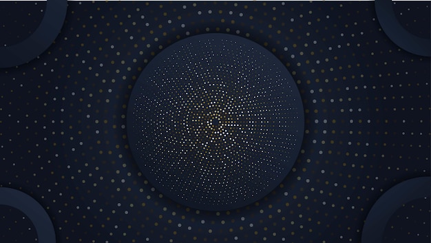 Plantilla de diseño de fondo de lujo oscuro de forma de círculo abstracto con brillos dorados