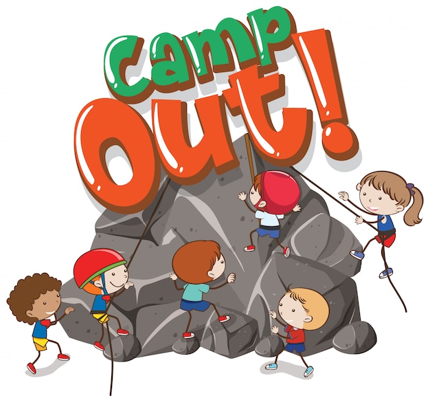 Plantilla de diseño de fuente para campamento de palabras con niños escalando rocas