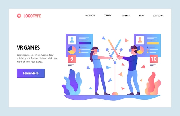 plantilla de diseño de gradiente de sitio web vectorial juegos y aplicaciones de realidad virtual y realidad aumentada conceptos de página de aterrizaje para desarrollo de sitios web y móviles Ilustración plana moderna