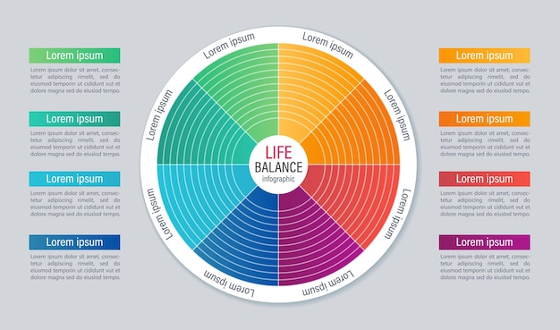 Plantilla de diseño de gráfico infográfico de equilibrio de vida Infochart abstracto con espacio de copia Gráficos instructivos con secuencia de 8 pasos Presentación de datos visuales Fuentes Acumin Myriad Variable Concept utilizadas