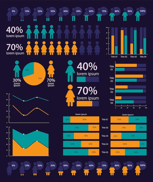 Plantilla de diseño de gráfico infográfico de estudio de desarrollo de población establecida para tema oscuro