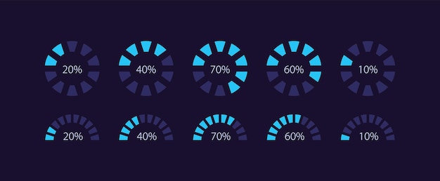 Plantilla de diseño de gráfico infográfico de progreso de rueda radial establecida para tema oscuro