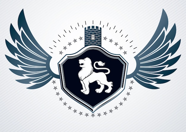 Vector plantilla de diseño de heráldica vintage, emblema vectorial creado con alas de águila, ilustración de león salvaje y fortaleza medieval