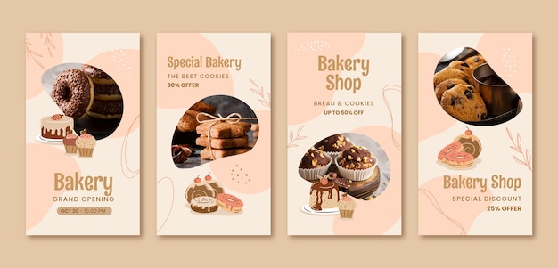 Vector plantilla de diseño de historias de instagram de panadería dibujada a mano