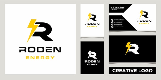 Plantilla de diseño de icono de logotipo eléctrico con letra inicial R con diseño de tarjeta de visita