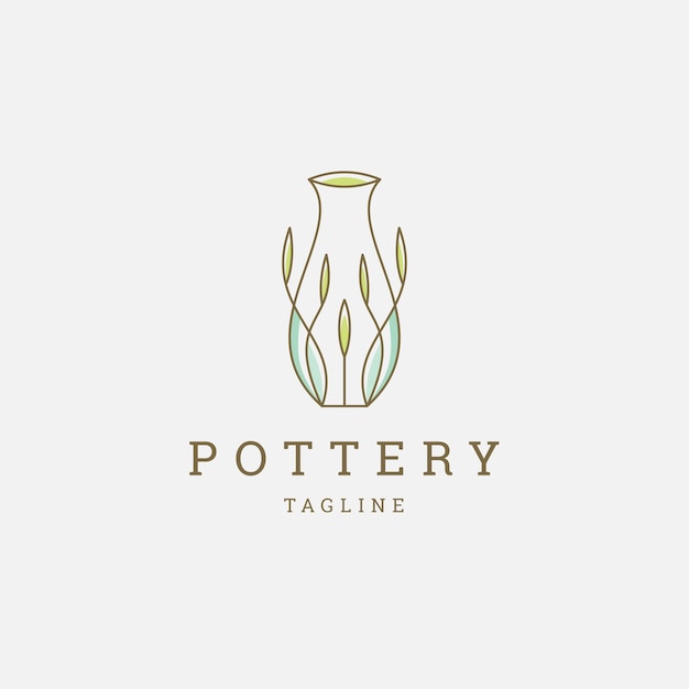 Plantilla de diseño de icono de logotipo de línea de hoja de cerámica vector plano