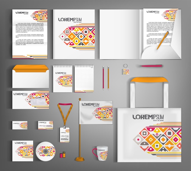 Plantilla de diseño de identidad corporativa con patrón geométrico multicolor Un conjunto de artículos de papelería para la marca comercial