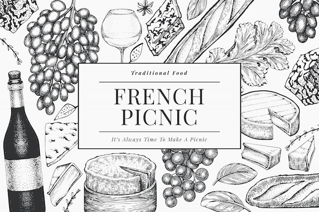 Plantilla de diseño de ilustración de comida francesa. Dibujado a mano ilustraciones de comida de picnic. Grabado estilo diferente merienda y vino. Fondo de comida vintage.