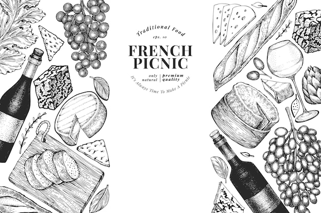 Plantilla de diseño de ilustración de comida francesa. Ilustraciones de comida de picnic dibujadas a mano. Estilo grabado diferente snack y vino.
