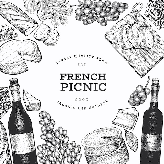 Plantilla de diseño de ilustración de comida francesa. Ilustraciones de comida de picnic de vector dibujado a mano. Bandera de bocadillos y vinos diferentes de estilo grabado. Fondo de comida vintage.