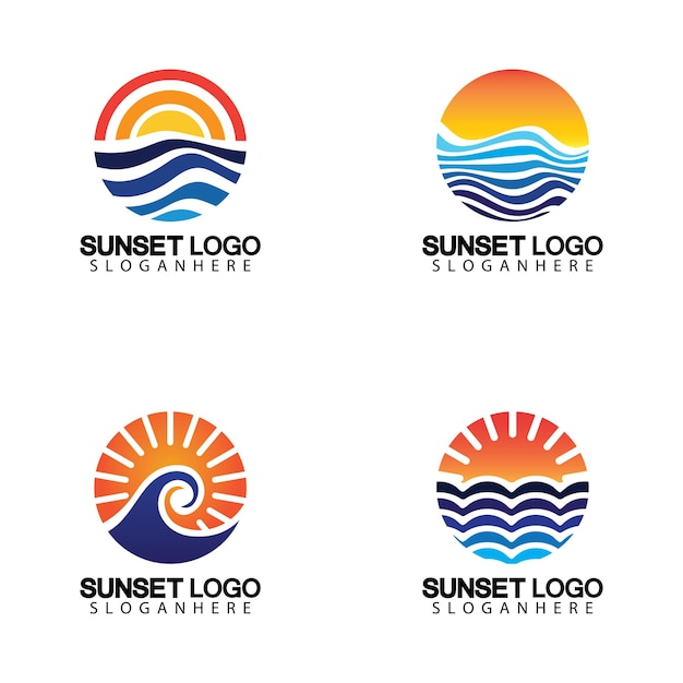 Plantilla de diseño de ilustración de vector de símbolo de logotipo de playa al atardecer