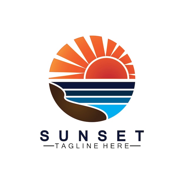 Plantilla de diseño de ilustración de vector de símbolo de logotipo de playa puesta de sol.