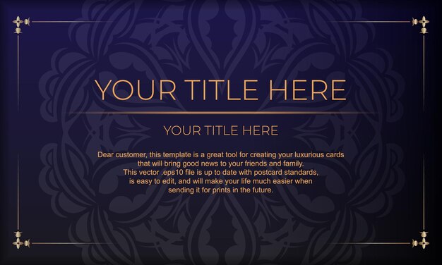Plantilla para un diseño imprimible de una tarjeta de invitación con un lujoso adorno Banner vectorial púrpura con adornos de lujo griegos para su diseño