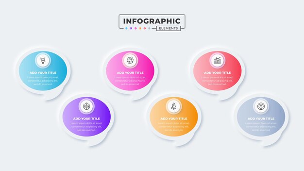 plantilla de diseño de infografía de burbuja de voz vectorial con iconos y seis opciones o pasos