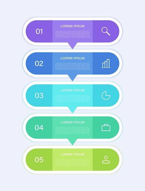 plantilla de diseño de infografía colorida vertical con 5 pasos u opciones para presentaciones o informes