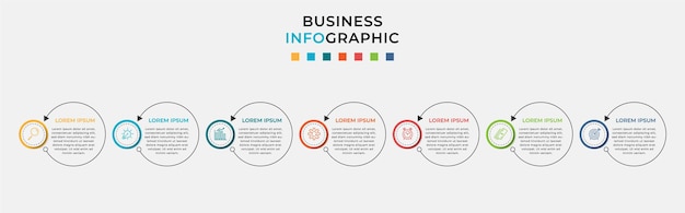 Plantilla de diseño de infografía empresarial con iconos y 7 siete opciones o pasos.