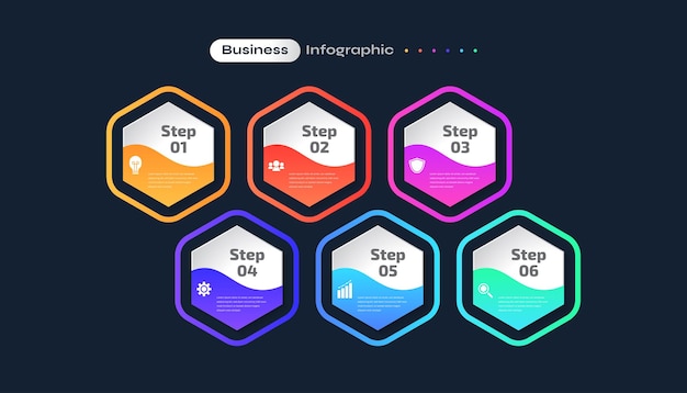 La plantilla de diseño de infografía moderna con 6 opciones o pasos se puede utilizar para el diagrama de diseño de flujo de trabajo de presentación o el diseño de presentación de diagrama de línea de tiempo de informe anual