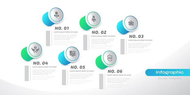 La plantilla de diseño de infografía moderna con 6 opciones o pasos se puede utilizar para el diagrama de diseño de flujo de trabajo de presentación o el diseño de presentación de diagrama de línea de tiempo de informe anual