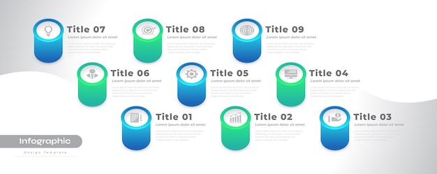 La plantilla de diseño de infografía moderna con 9 opciones o pasos se puede utilizar para el diagrama de diseño de flujo de trabajo de presentación o el diseño de presentación de diagrama de línea de tiempo de informe anual