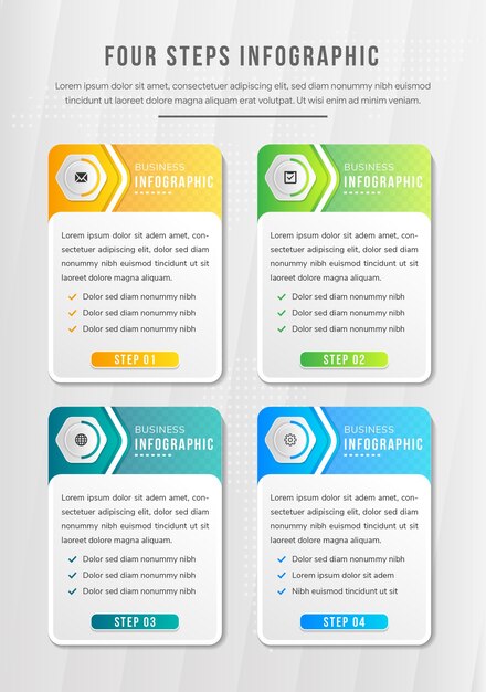 Plantilla de diseño de infografía de rectángulo abstracto para información de cuatro pasos redondeada en el diseño vertical lateral hay cuatro colores de variación son naranja verde y azul degradado